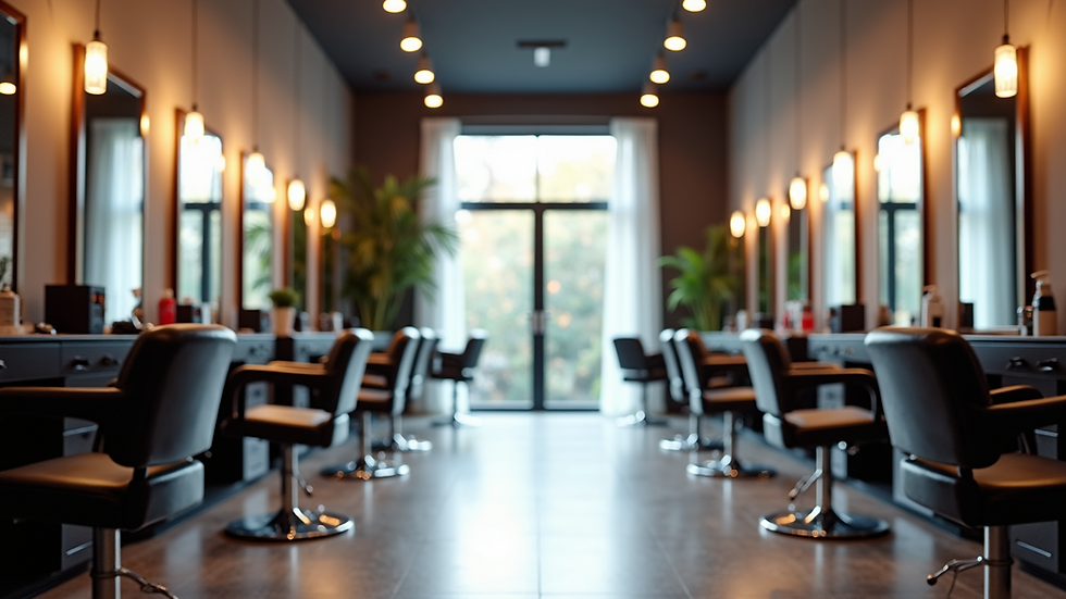 Eye-level view of a modern hair styling salon interior with chairs and mirrors