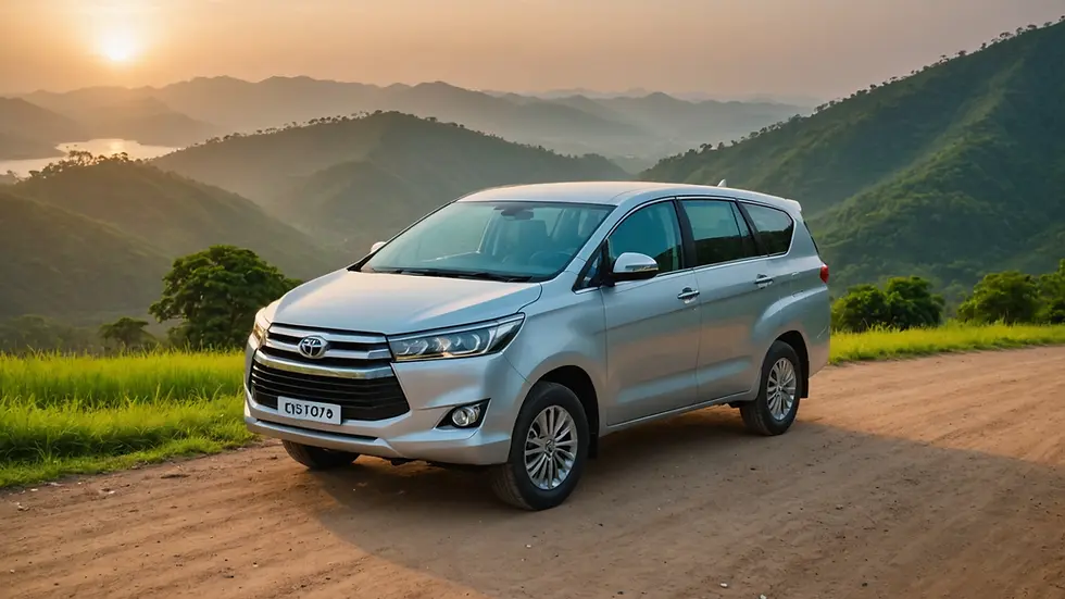 High angle view of an Innova Crysta parked against a scenic backdrop