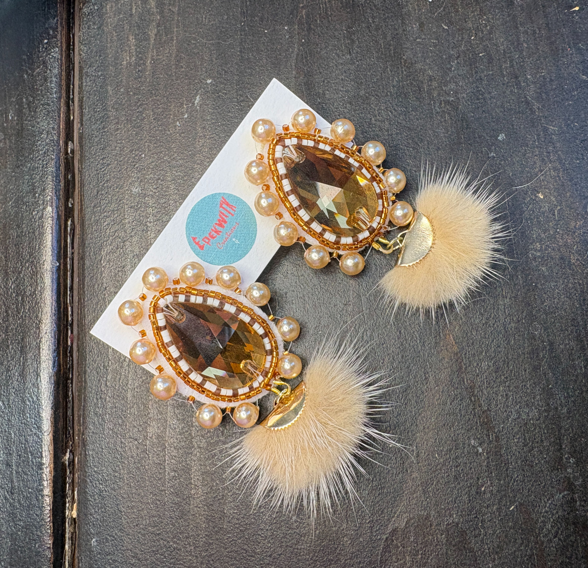 Brown Beaded Earrings with Fur