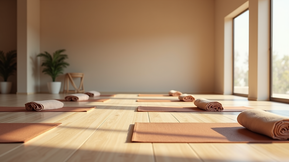 Eye-level view of a serene yoga studio with mats neatly arranged