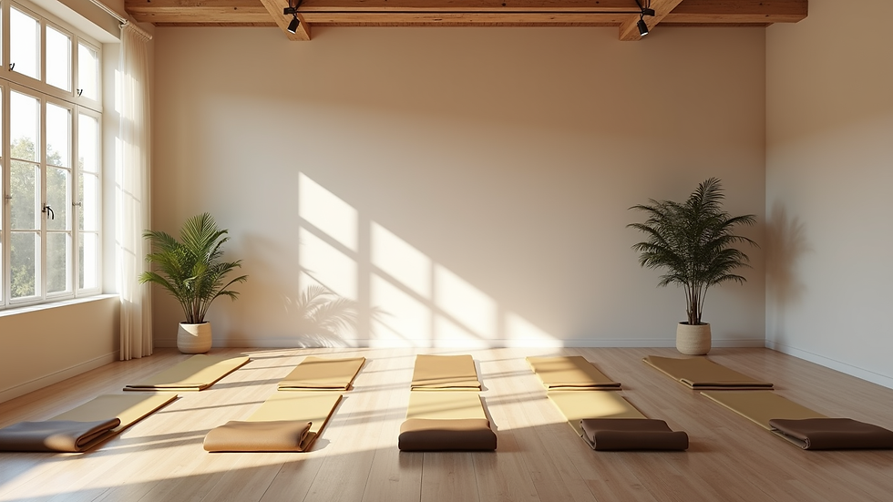 High angle view of a yoga studio with mats arranged neatly and soft natural light