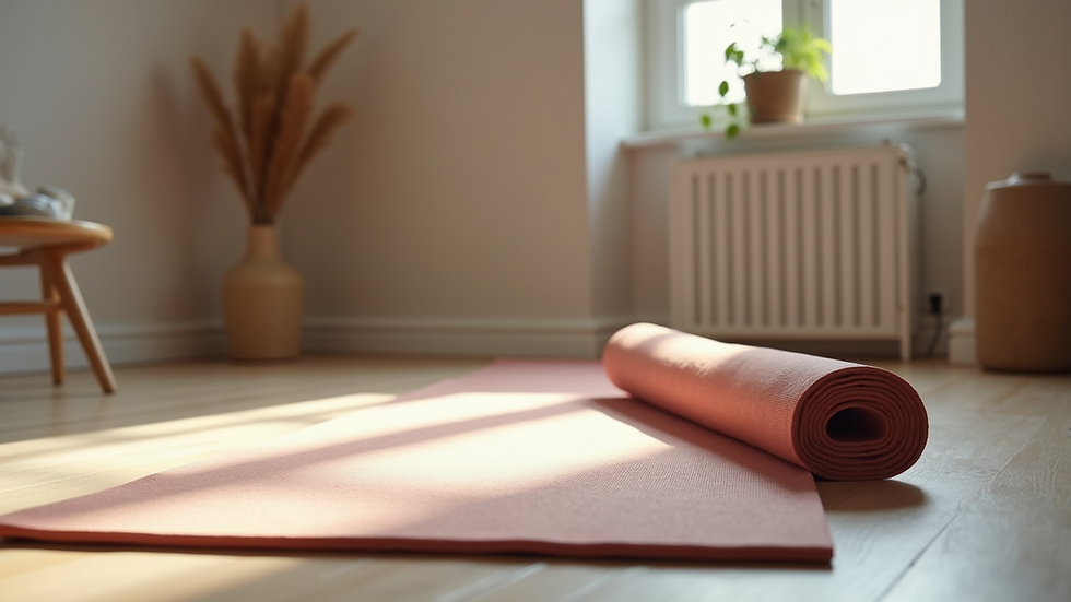 Eye-level view of a yoga mat and props in a cozy home studio