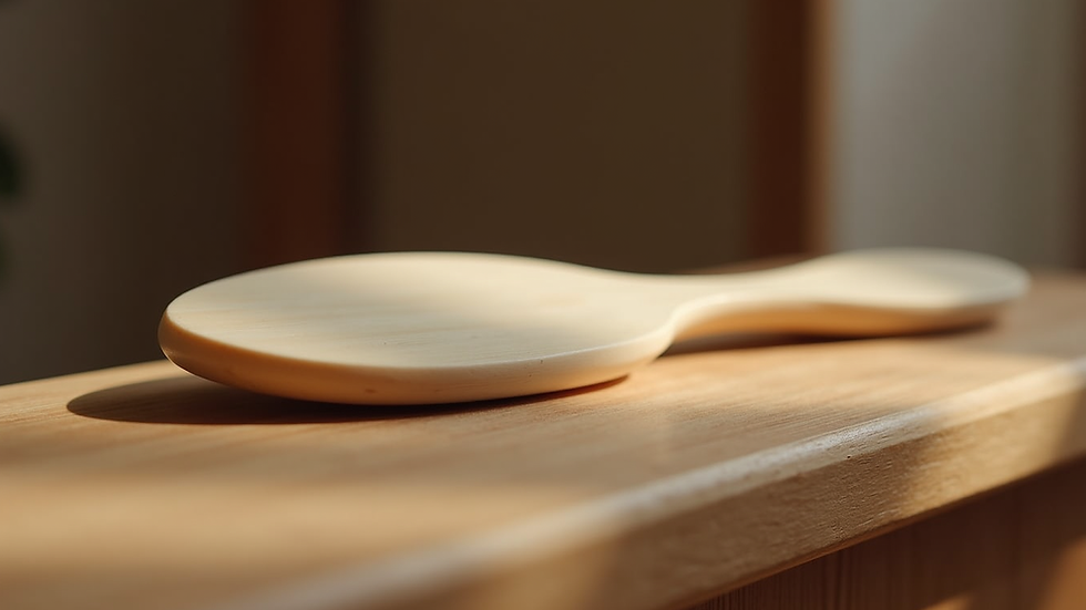 Close-up view of a smooth gua sha tool resting on a wooden surface