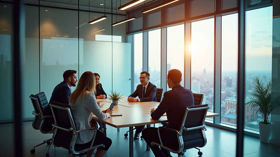 Eye-level view of a modern office meeting room with a small team discussing strategy