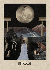 Stark collage of a thick full moon against a black sky as a figure in the foreground wearing all white strides toward it