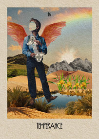 Striking collage of rolling hills with a sunrise over a mountain range in the distance, a faceless figure stares to the left as their grapefruit colored wings reach toward the sky
