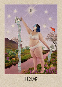 Perky collage of a periwinkle sky filled with shining stars as a faceless figure with dazzling curves reaches for the top of a staff for the bell at the top