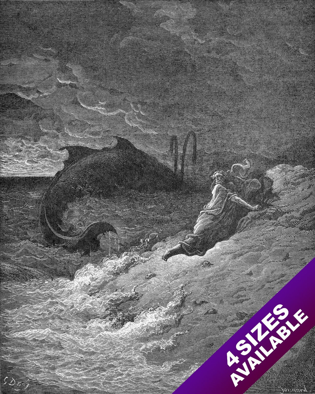 PROPHET JONAH & GREAT FISH GUSTAV DORE ENGRAVING ILLUSTRATION ART PRINT CANVAS
