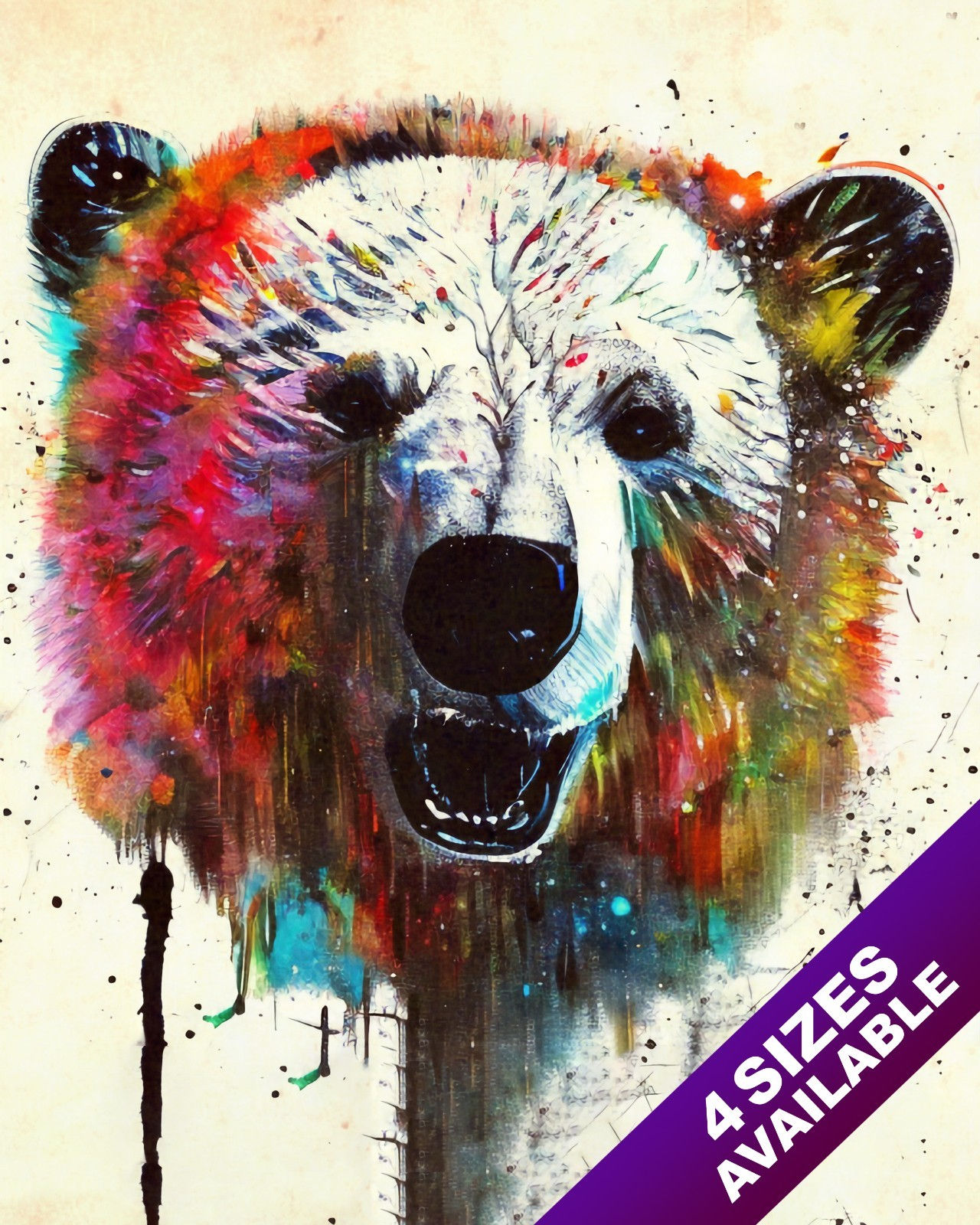 POLAR BEAR SPLATTER PAINTING COLOR ANIMAL ART REAL CANVAS ART PRINT