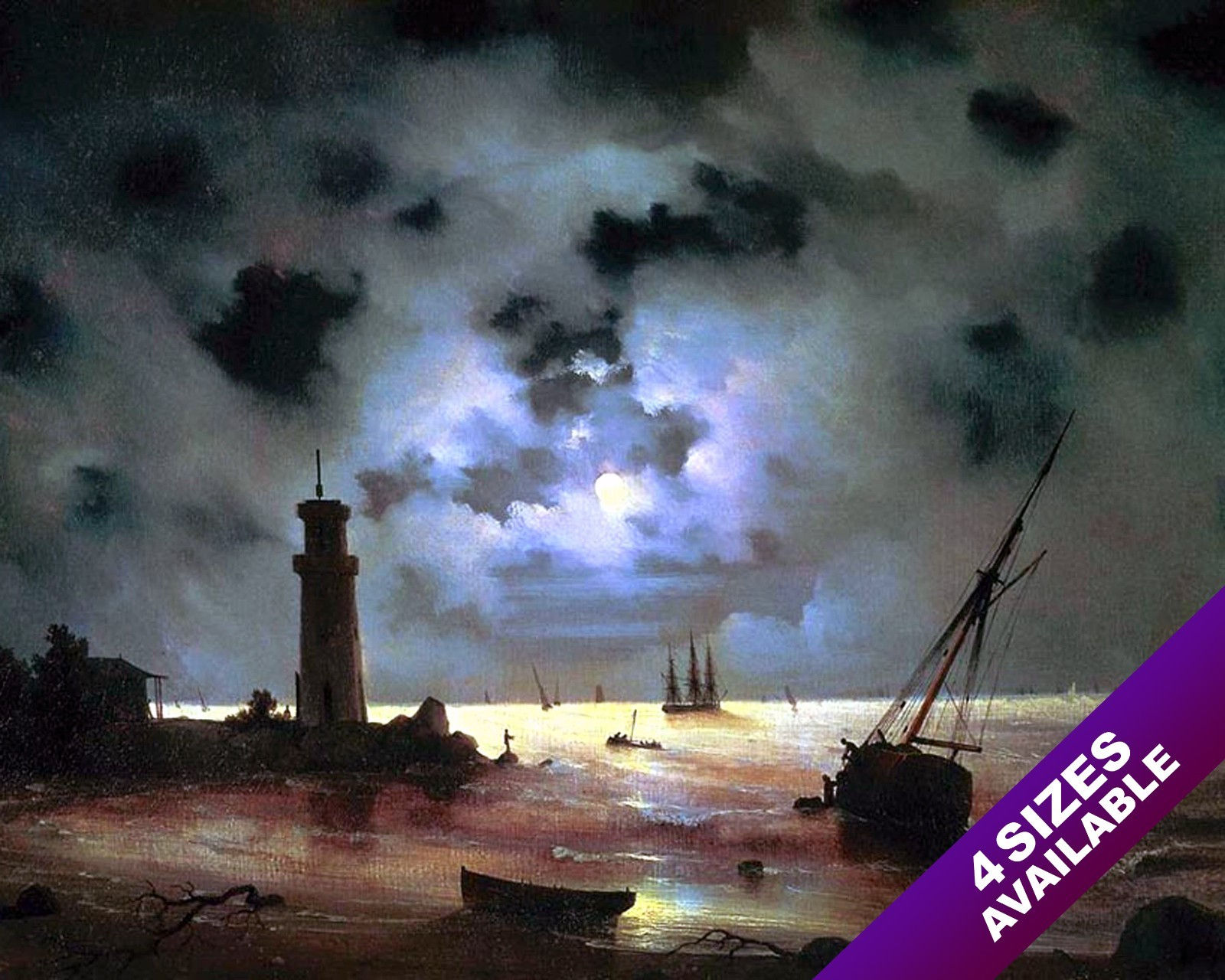MOONLIT SHIPS SAILBOAT NIGHT SEASCAPE LIGHTHOUSE PAINTING ART REAL CANVAS PRINT