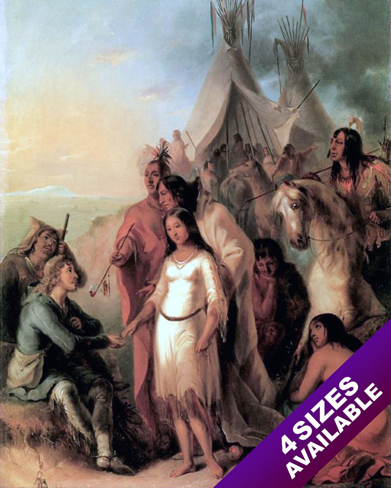 TRAPPER & INDIAN BRIDE US HISTORY OIL PAINTING ART REAL CANVAS GICLEE PRINT