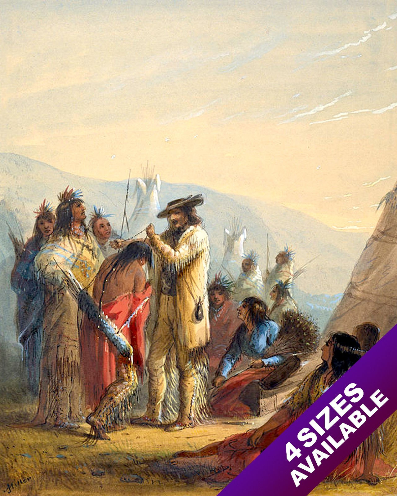 TRAPPER GIVING A GIFT TO A NATIVE AMERICAN INDIAN PAINTING ART REAL CANVAS PRINT