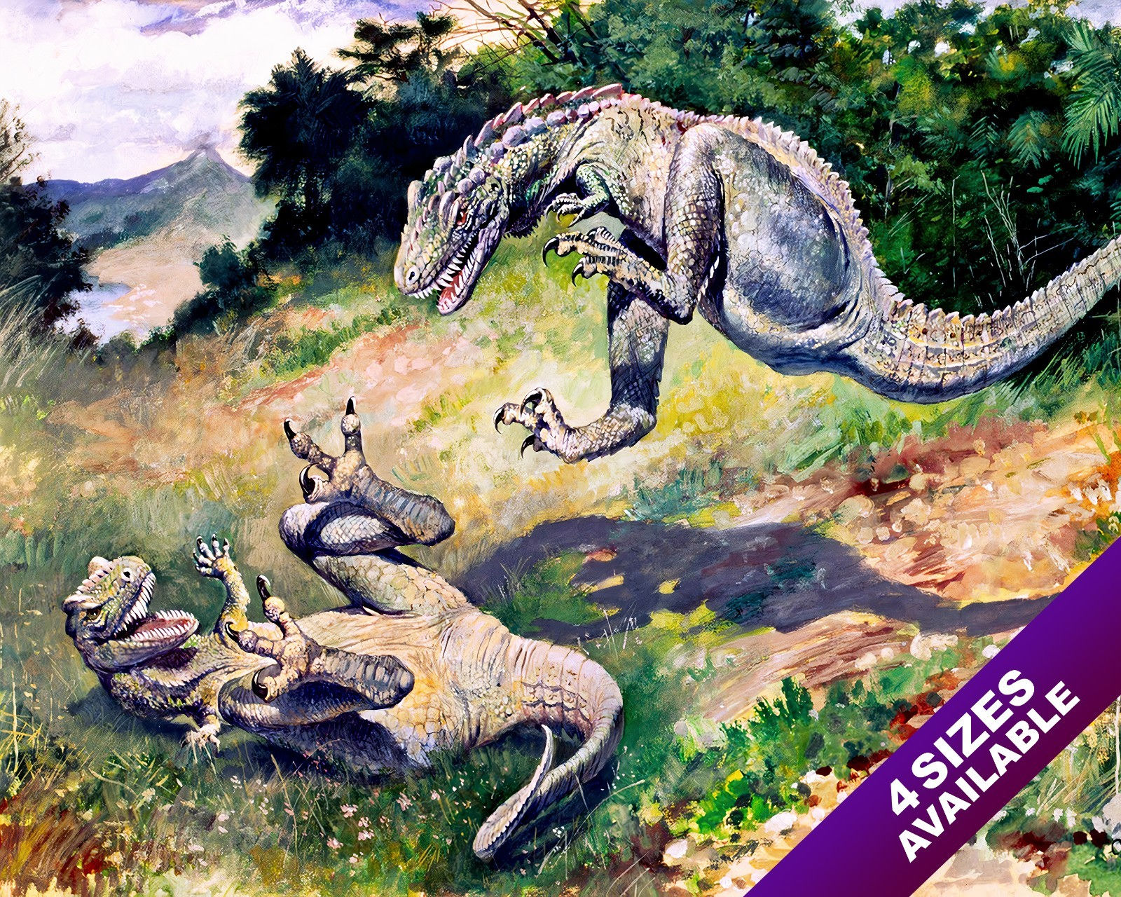 PREHISTORIC FIGHTING DRYPTOSAURUS DINOSAURS PAINTING ART REAL CANVAS PRINT