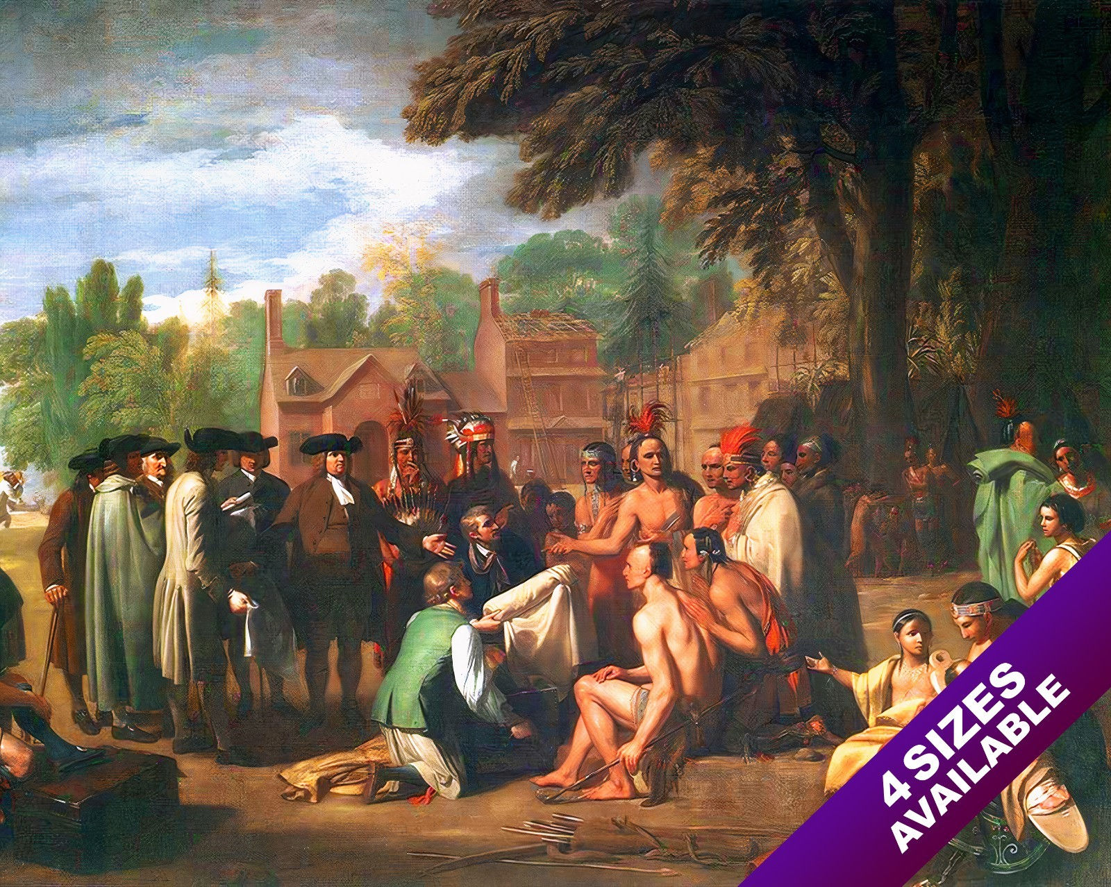 TREATY OF WILLIAM PENN & NATIVE AMERICAN INDIANS PAINTING ART REAL CANVAS PRINT