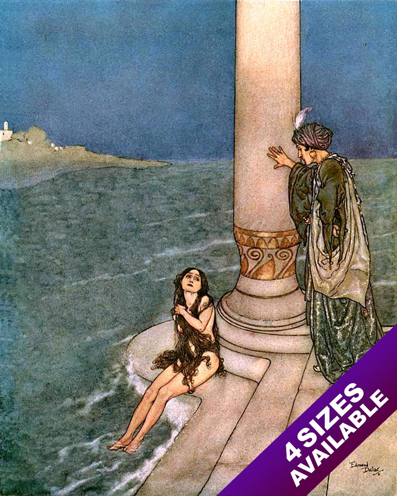 THE LITTLE MERMAID DISCOVERED PRINCE VINTAGE PAINTING ART REAL CANVAS PRINT