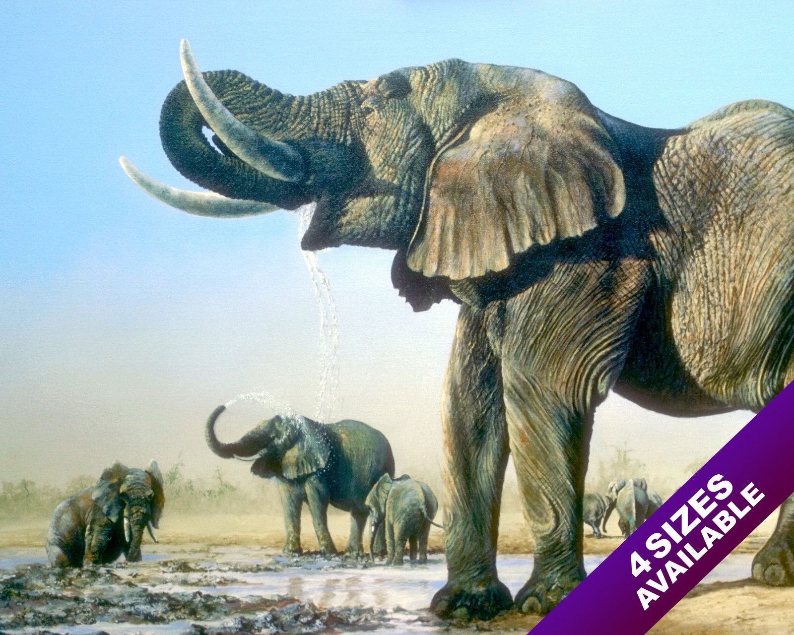 WILD AFRICAN ELEPHANTS DRINKING WATER PAINTING AFRICA ART REAL CANVAS PRINT