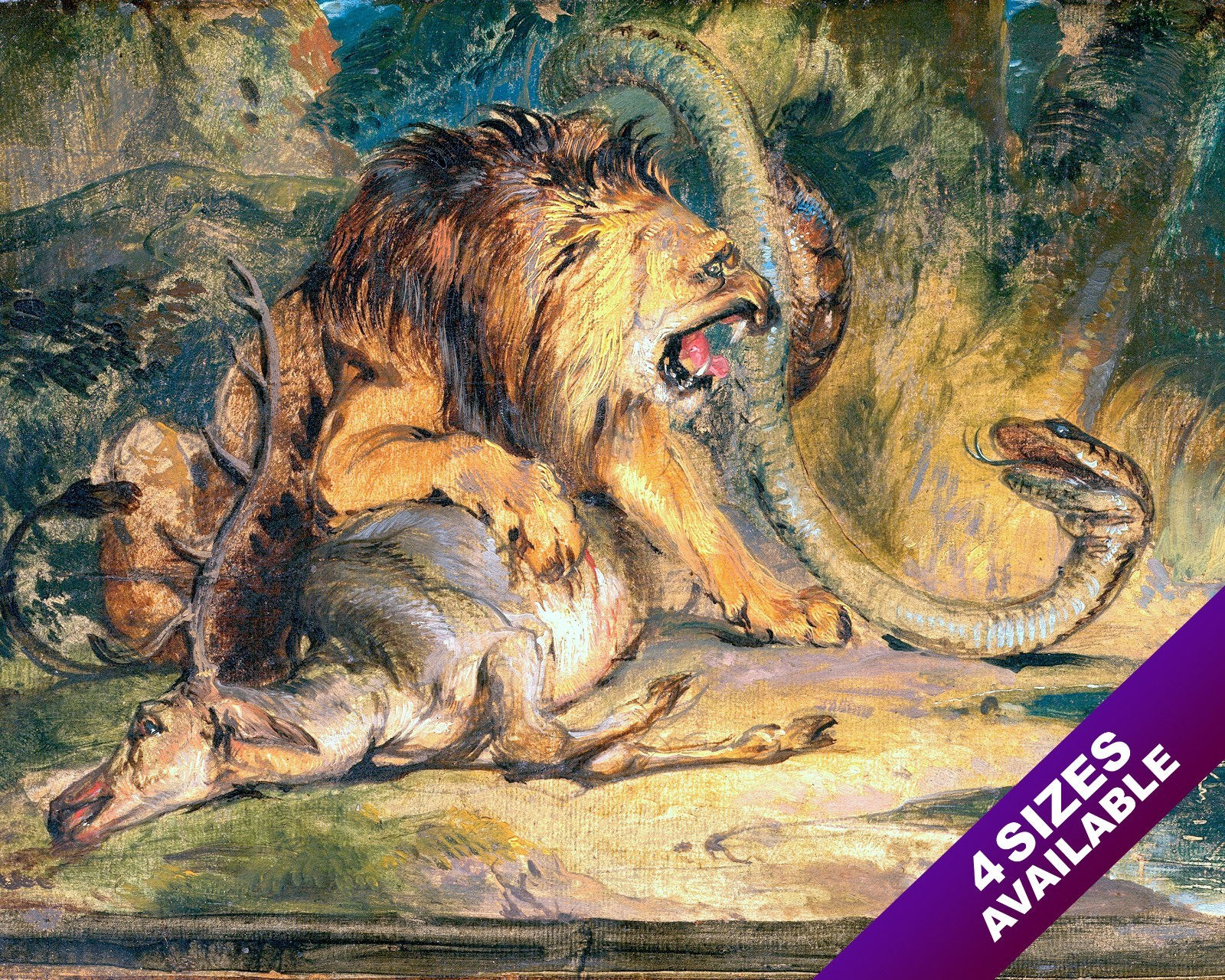 LION DEFENDING PREY FROM LARGE SNAKE OIL PAINTING ART REAL CANVAS GICLEE PRINT