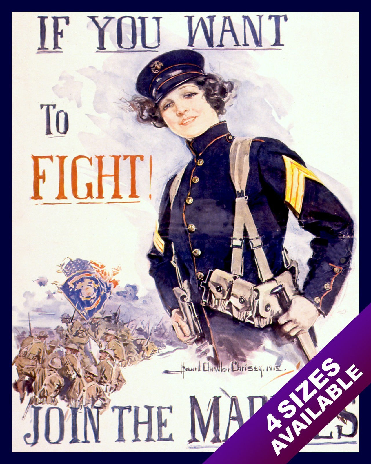 WWI JOIN THE MARINES USMC WAR PROPAGANDA POSTER PAINTING REAL CANVAS ART PRINT