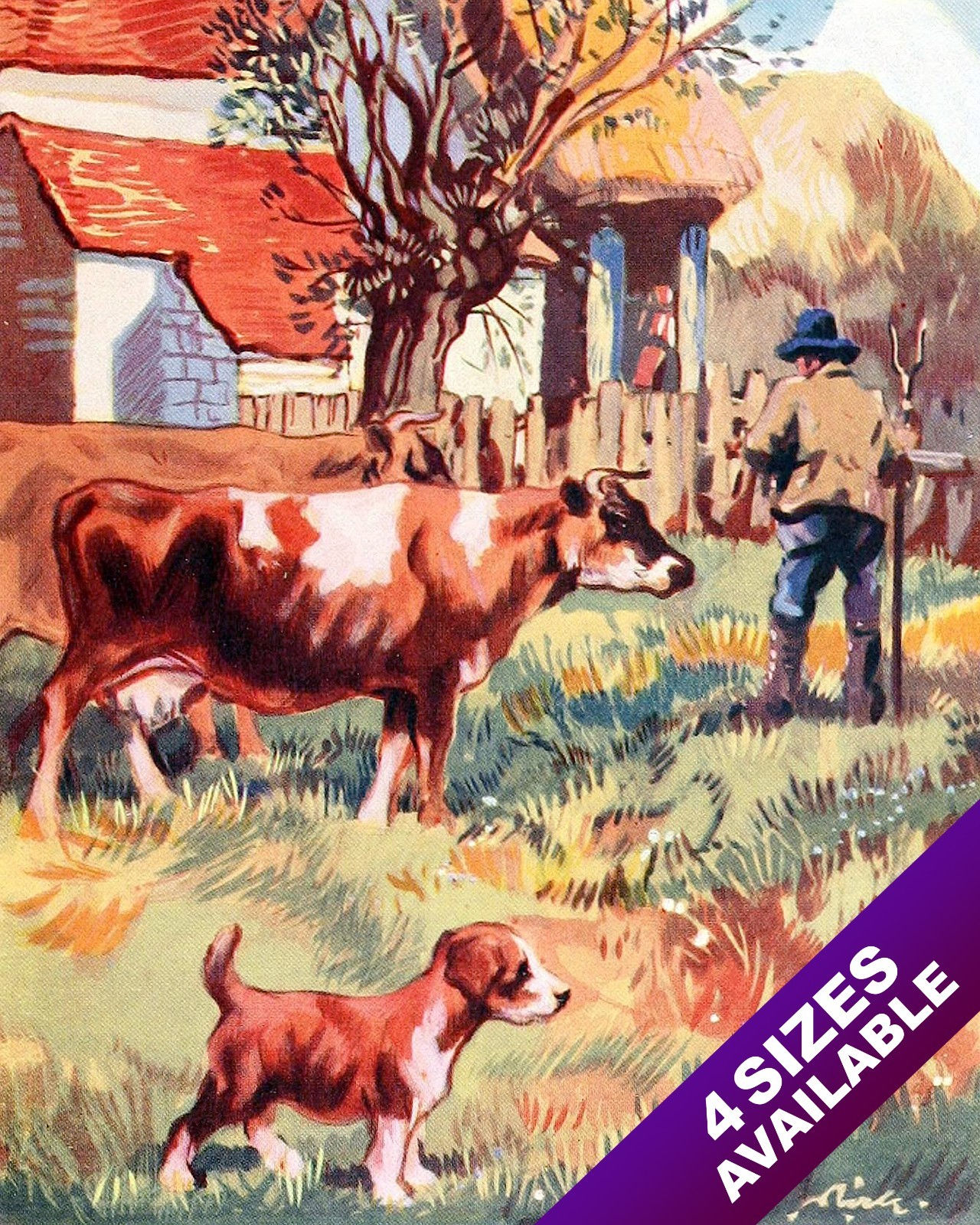 A YOUNG PET PUPPY DOG ON THE FARM W COWS ART PAINTING PRINT ON REAL CANVAS