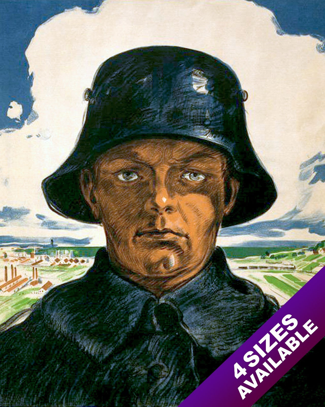 WWI GERMAN SOLDIER WITH CLASSIC HELMET PROPAGANDA PAINTING REAL CANVAS ART PRINT