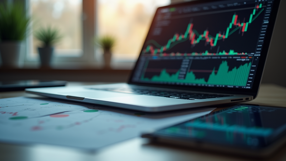Eye-level view of a trading setup with charts and a laptop