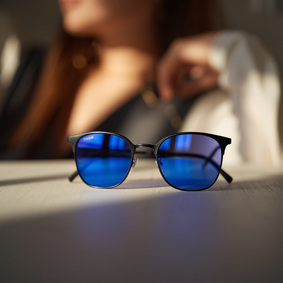 des lunettes de soleil posées sur une table avec en arrière-plan une femme qui boit un café