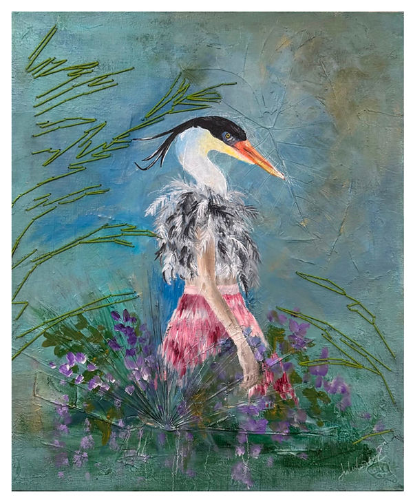 Painting of a heron-headed figure in a pink skirt among flowers.