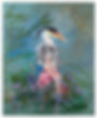 Painting of a heron-headed figure in a pink skirt among flowers.