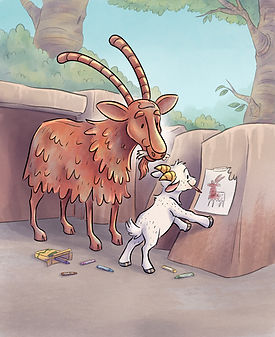 Garbage Goat and Kid in grotto coloring together