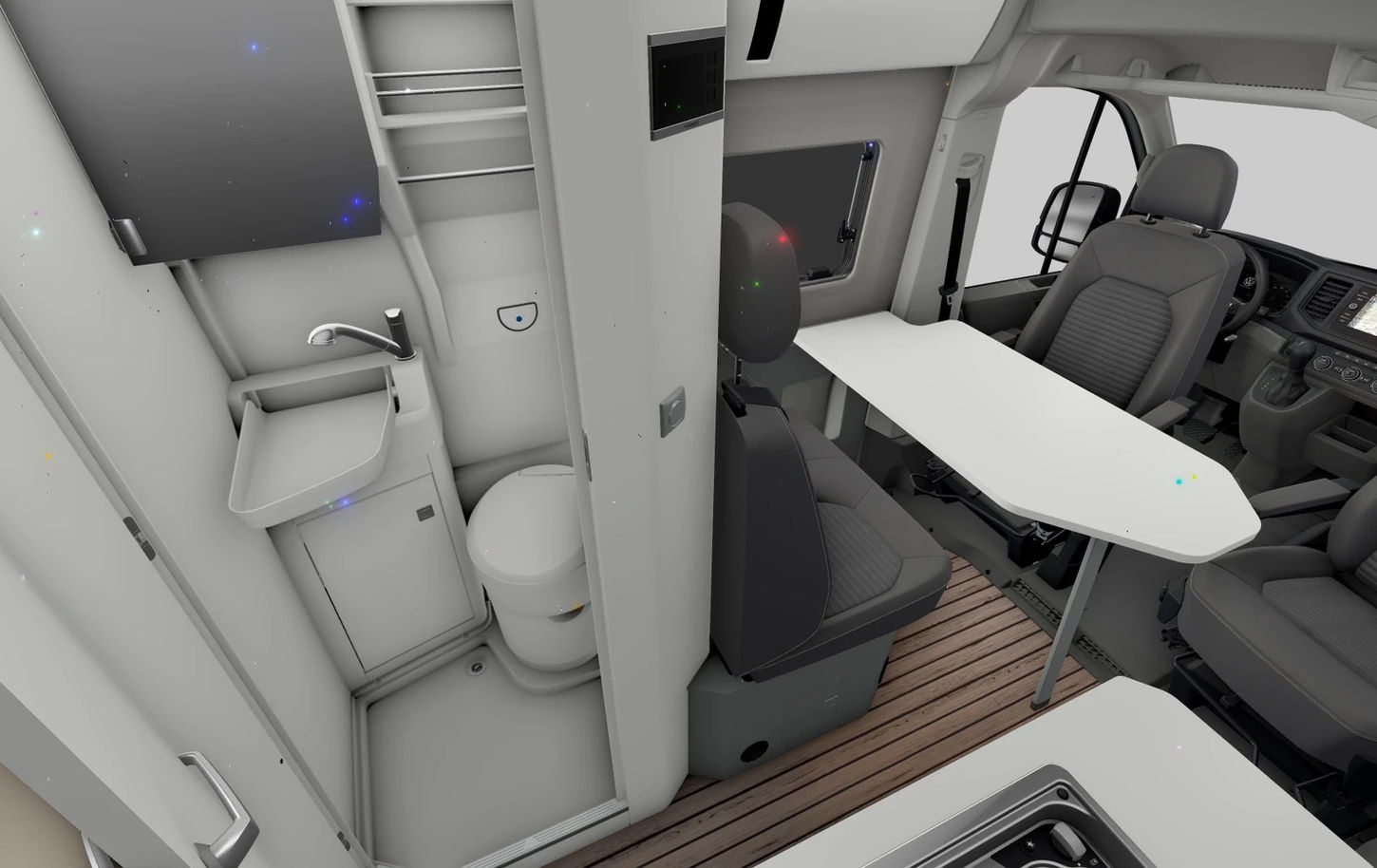 Bathroom with shower and toilet inside Volkswagen Grand California 600 campervan.