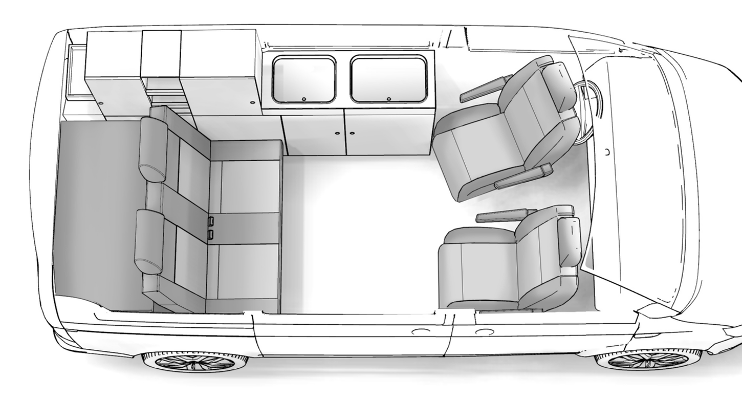 Top view interior floor plan layout of Volkswagen California 6.1 Ocean campervan.
