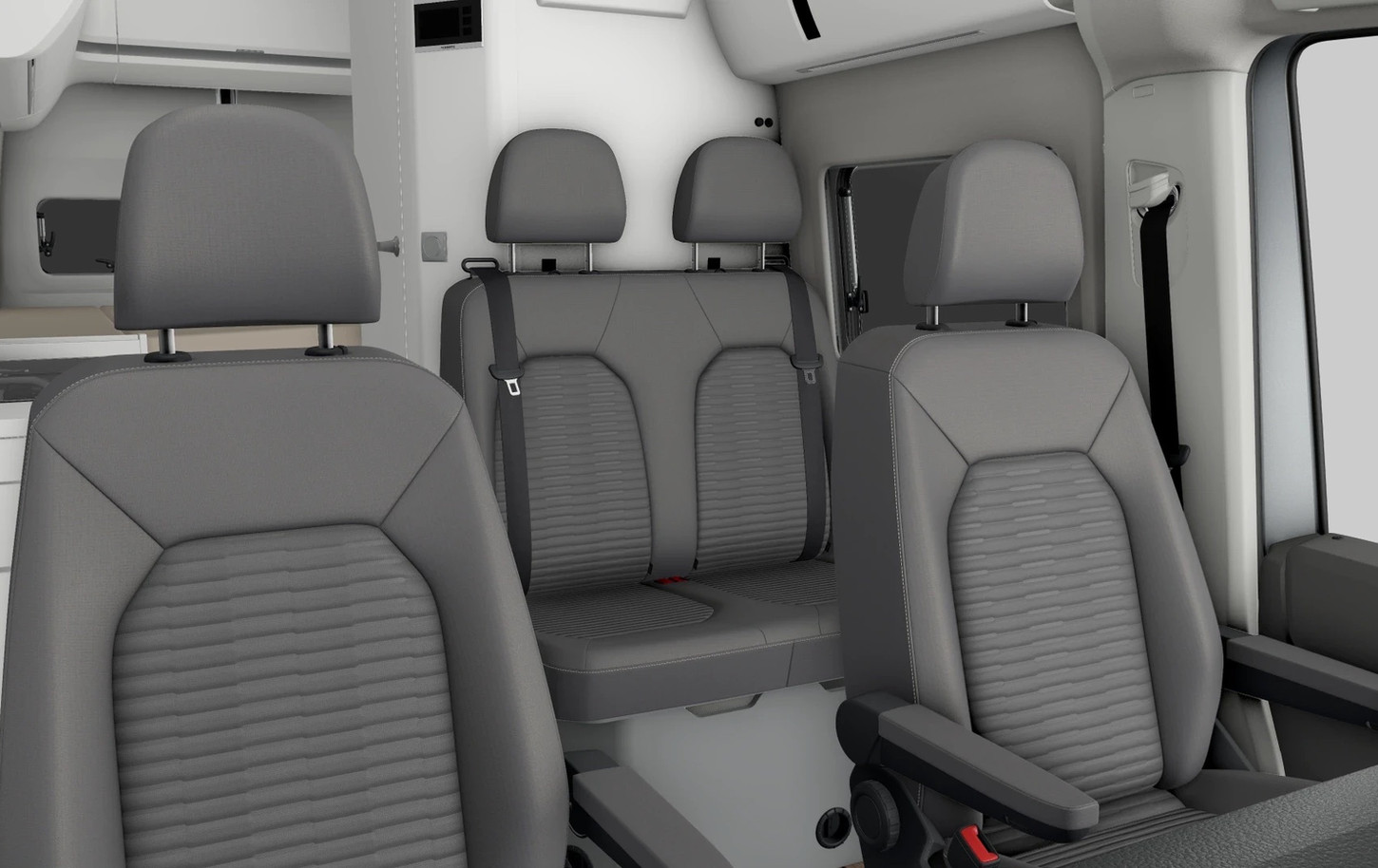 Front seating area inside Volkswagen Grand California 600 campervan.