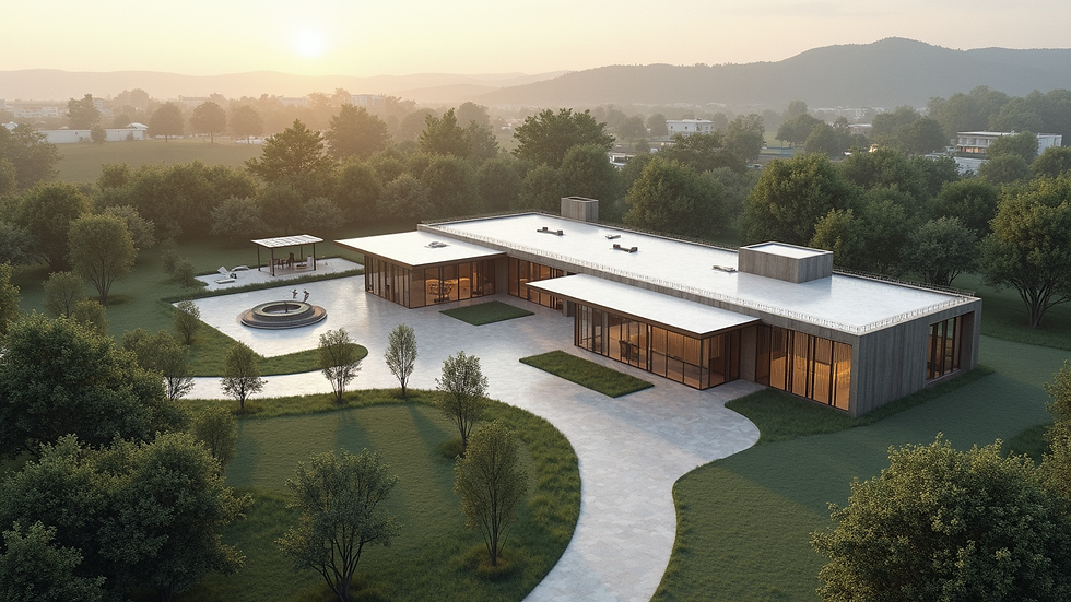 High angle view of architectural site plan with natural landscape