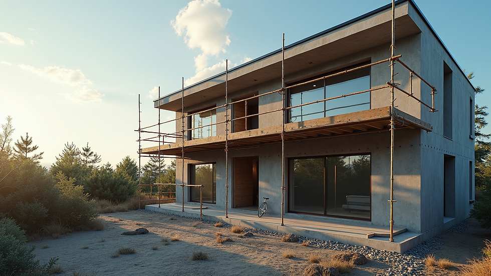 High angle view of a modern house under construction with scaffolding