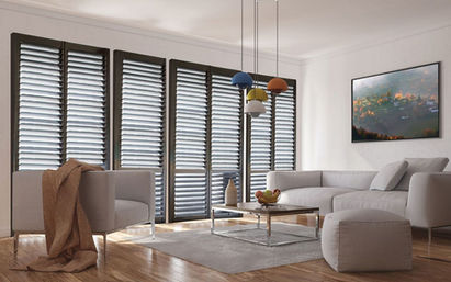 Modern living room, enhanced with custom fit with wood shutters