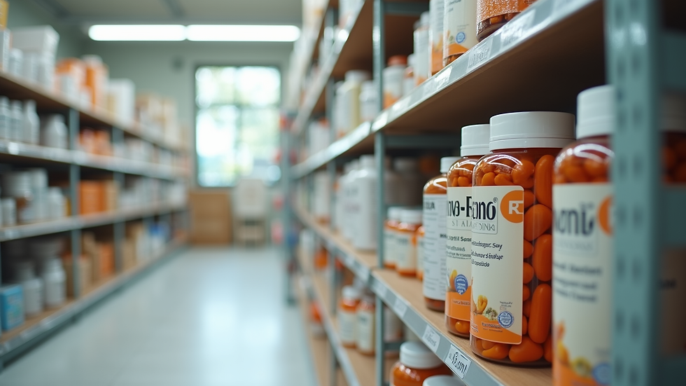 Eye-level view of a clean, organized shelf with various health supplements