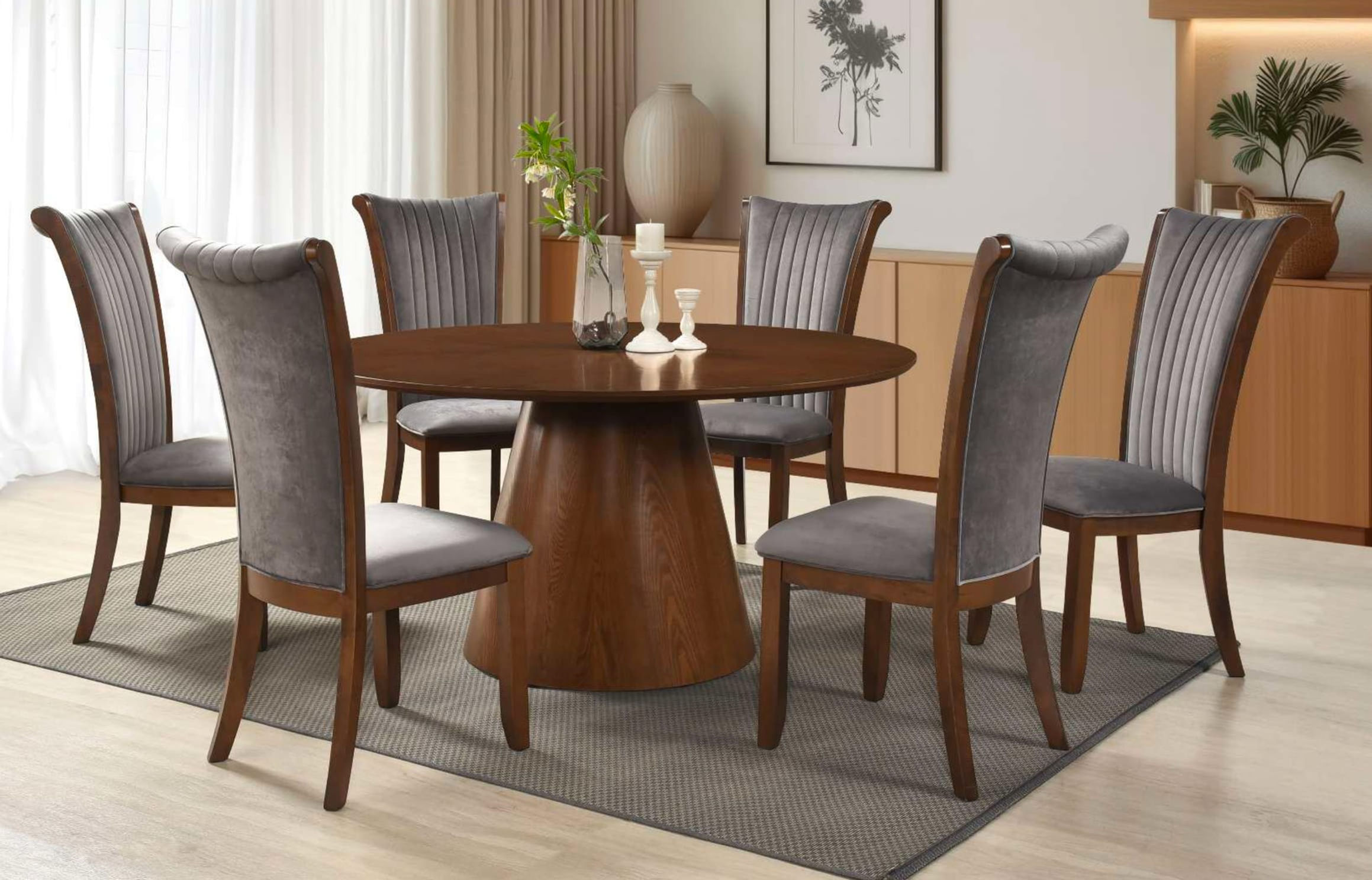 Comedor LEGACY redondo de 6 sillas color nogal