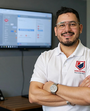 Veristra team member wearing a branded polo shirt beside a computer monitor in the office