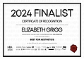 Certificate for 2024 National Hair & Beauty Awards Finalist – Best for Aesthetics awarded to Elizabeth Grigg.