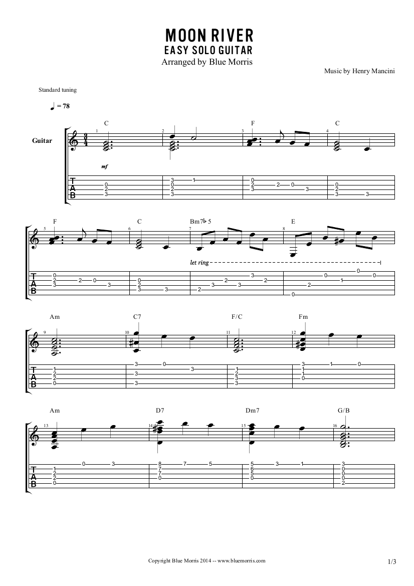 Moon River solo guitar arrangement page 1