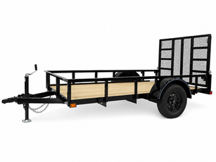 Black single axle utility trailer with rear mesh loading ramp, treated wood deck, steel frame, and A-frame tongue for hauling ATVs, UTVs, lawn equipment, and landscaping equipment, available at Deer Valley Trailer in Phoenix, Arizona.