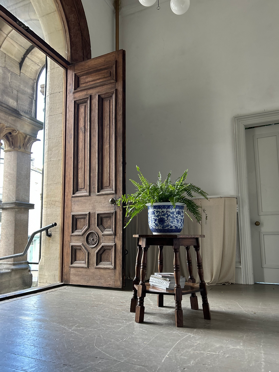Thumbnail: ARTS AND CRAFTS OAK HEXAGONAL CENTRE TABLE WITH PLANISHED COPPER TOP