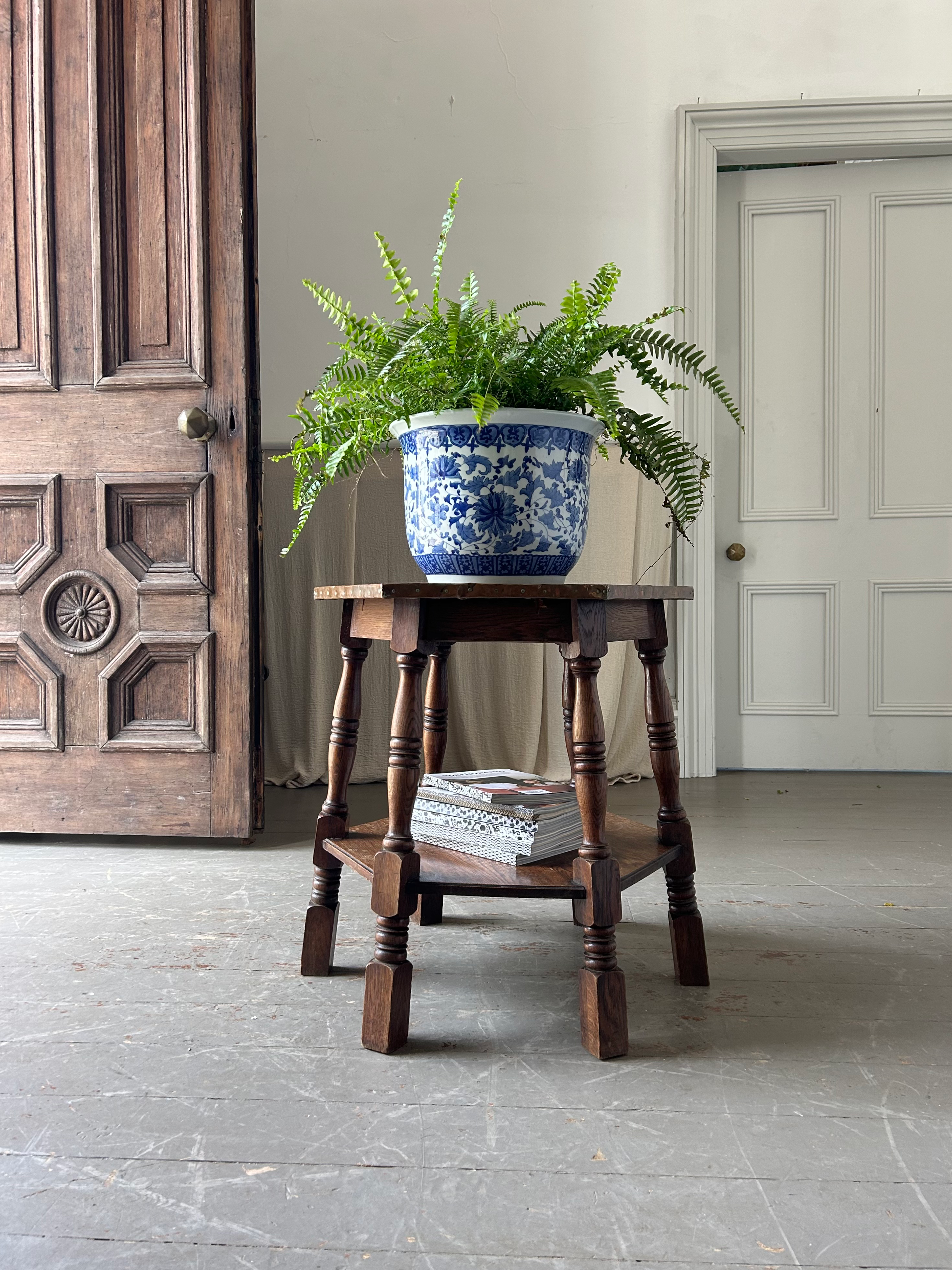 ARTS AND CRAFTS OAK HEXAGONAL CENTRE TABLE WITH PLANISHED COPPER TOP