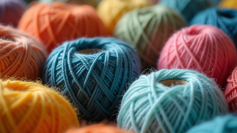 Close-up view of a selection of eco-friendly yarns in various colors and textures