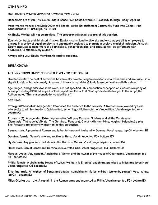 A FUNNY THING HAPPENED ... FORUM (Theater 2020 Inc) - NYC OPEN CALL 2-7 and 2-8 for Websit