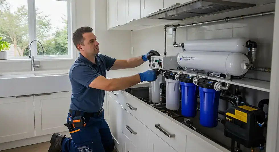 man installing water filtration system