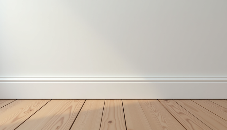 Eye-level view of a freshly installed white baseboard trim molding along a hardwood floor