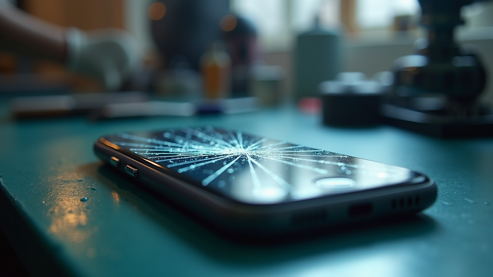 Eye-level view of a smartphone with a cracked screen on a repair table