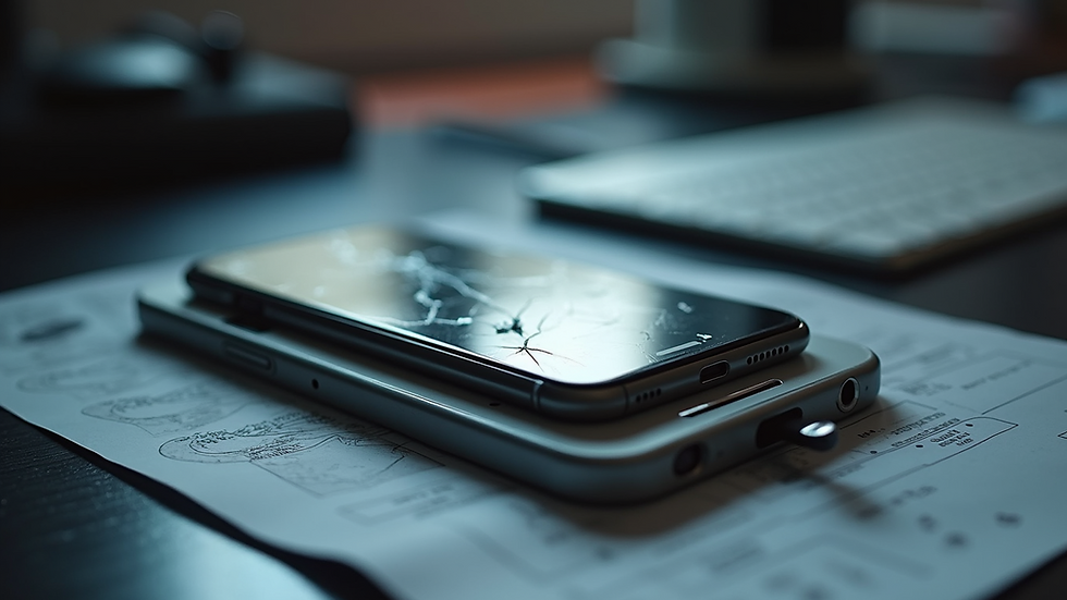 Eye-level view of an iPhone with a cracked screen on a repair desk