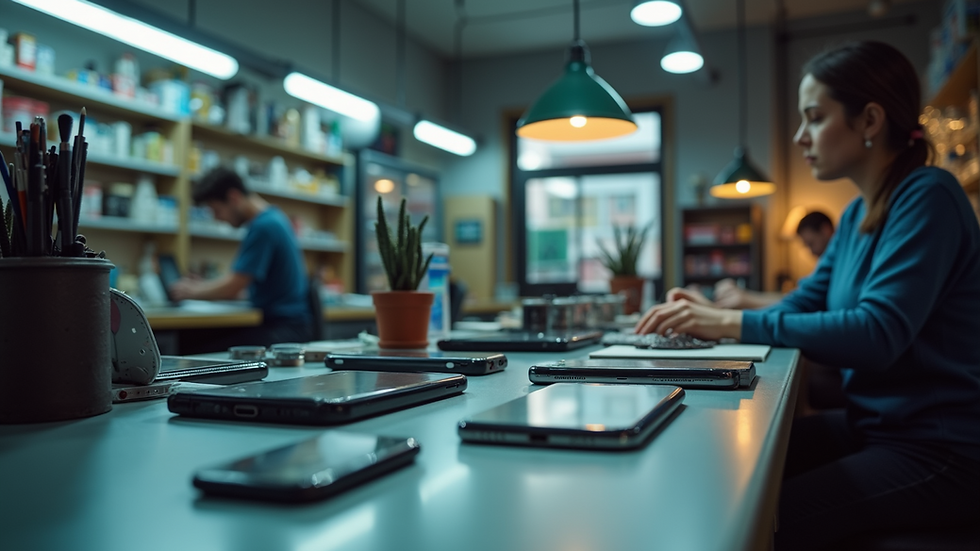 Eye-level view of a local iPhone repair shop counter with tools and devices
